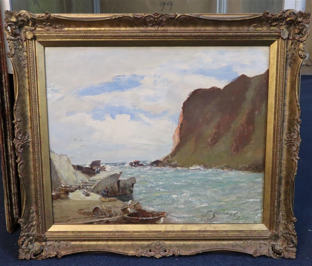 Sir David Murray R. A. (1849-1933), oil on board, Coastal scene with a stone jetty, etc.